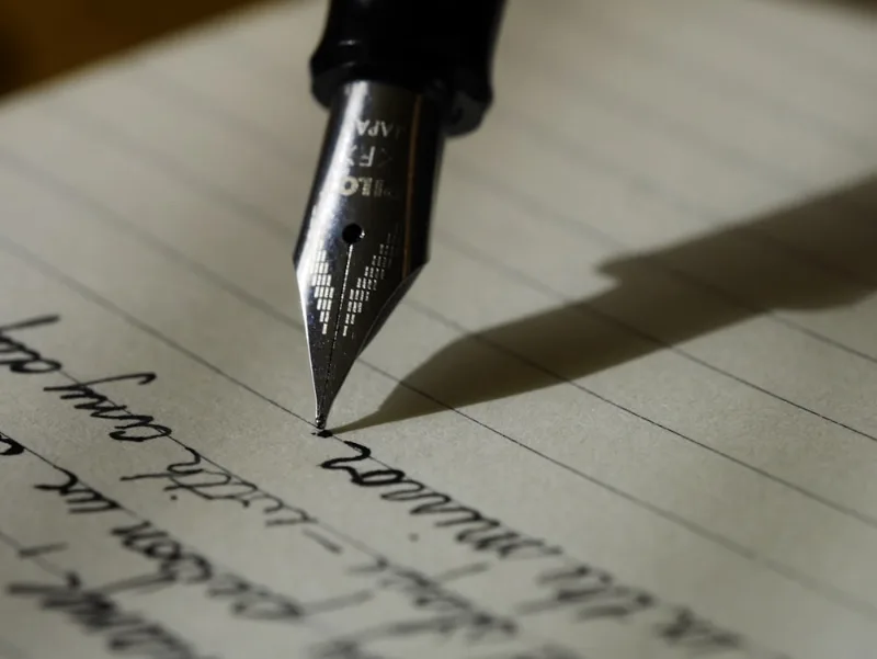 Devotional prayer journal open with a fountain pen recording daily sadhana habits and streak