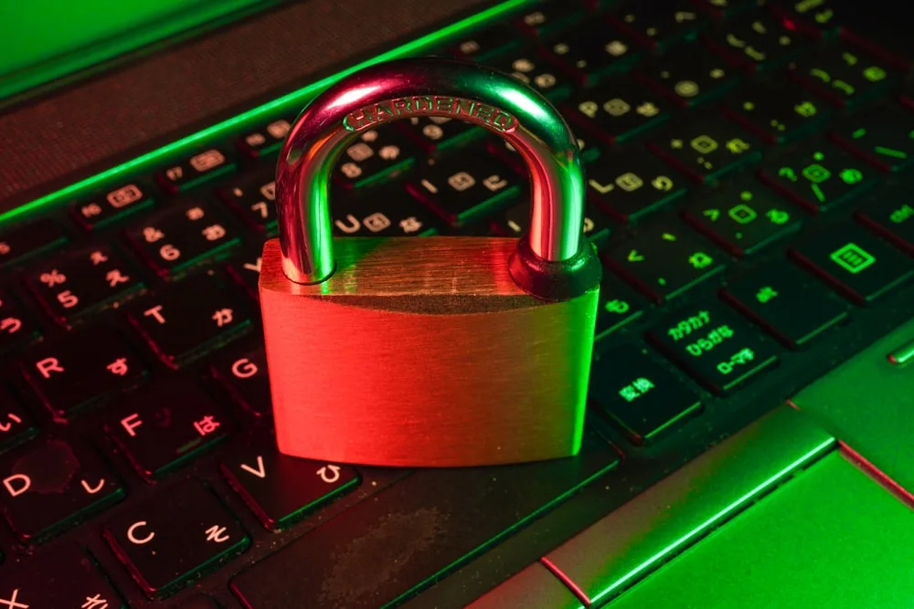 Encrypted digital security padlock with binary code symbolizing zero-tracking on-device speech recognition