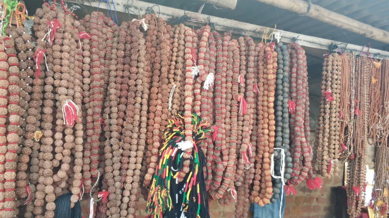 Traditional sacred Rudraksha and wooden japa malas hanging in devotional temple stall