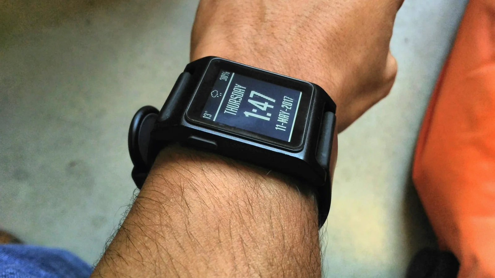 Smartwatch worn on wrist during outdoor walking japa and mindful exercise
